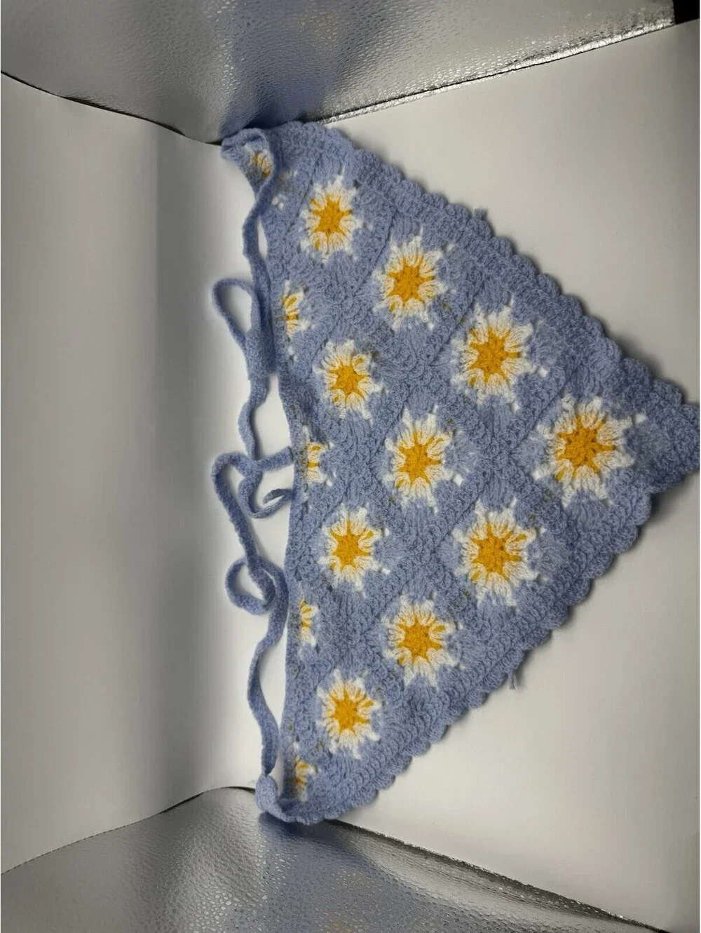 Handmade Crochet Daisy Bandana Blue Floral Hair Scarf Head Kerchief Boho